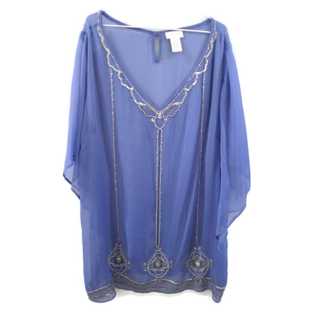 RARE Soft Surroundings Blue Beaded Sheer Top - Blue 2X